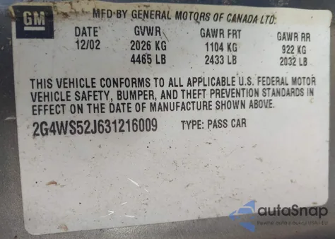 2003 Buick Century Custom z USA, uszkodzony, nr VIN 2G4WS52J631216009